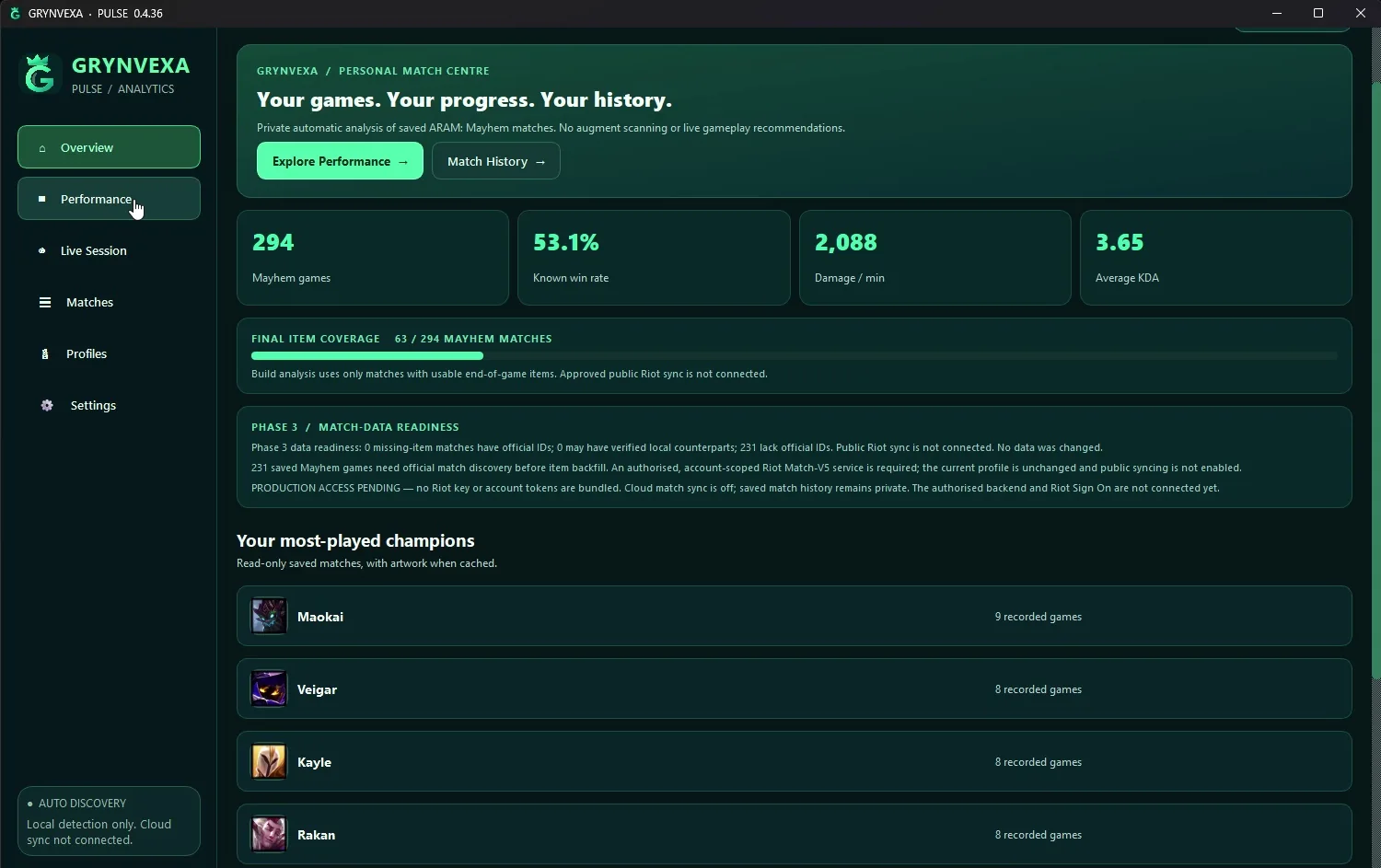 Real Grynvexa Pulse development-build screenshot showing an overview of match statistics and item-data coverage